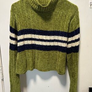 Olive and Navy Striped Women's Turtleneck Sweater